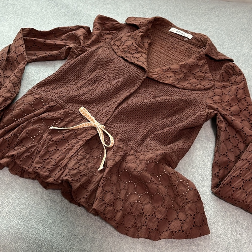 Coquette Cottagecore Peplum Jacket Top Small Petite Brown Girly Lolita Kawaii - Picture 11 of 11